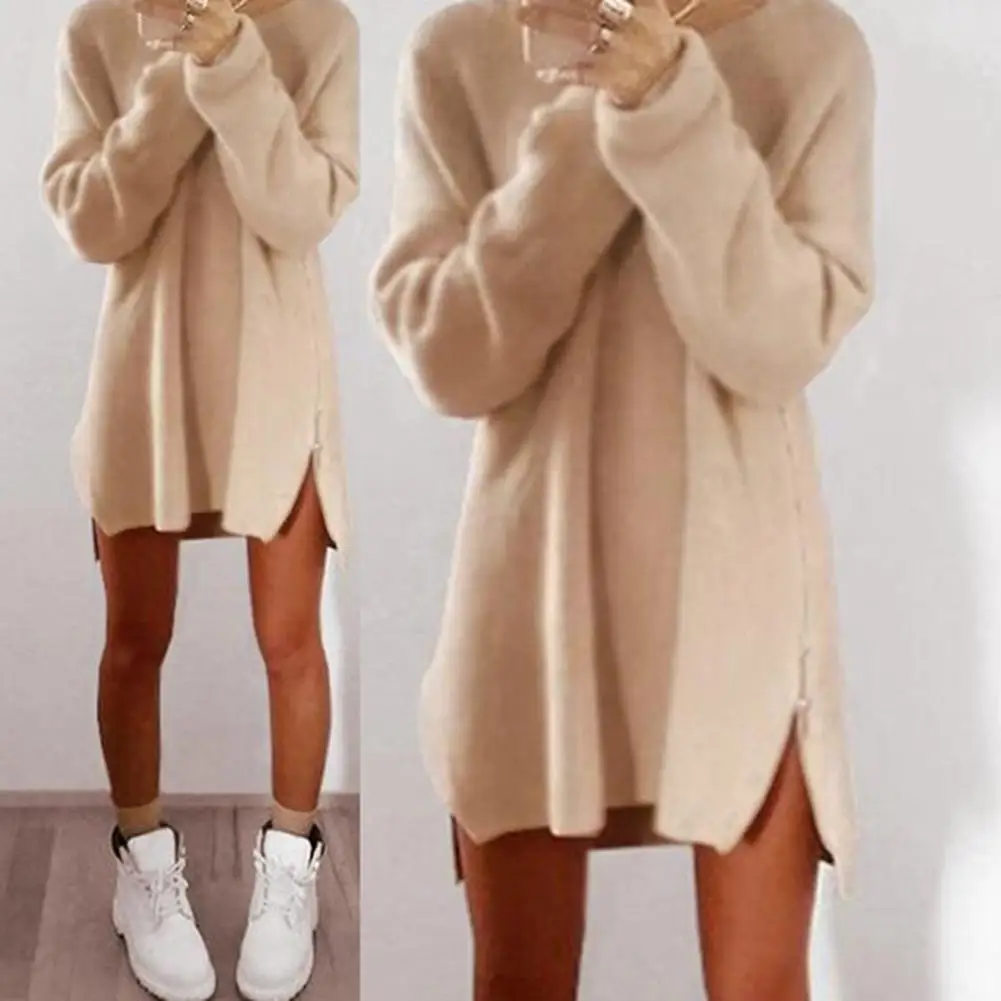 Women's Sweaters Dress Sexy Solid Color Long Sleeve O Neck Sideway Zip Loose Casual Knitted Mini Sweater Dress For Female Dress