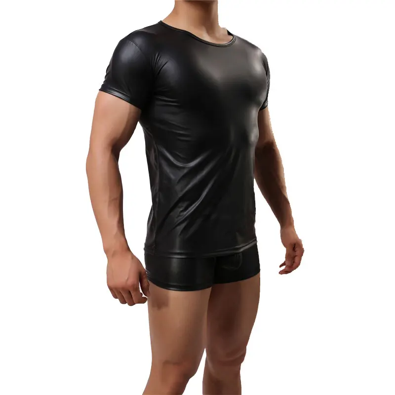 Black Faux Leather T-Shirts Cool Men 