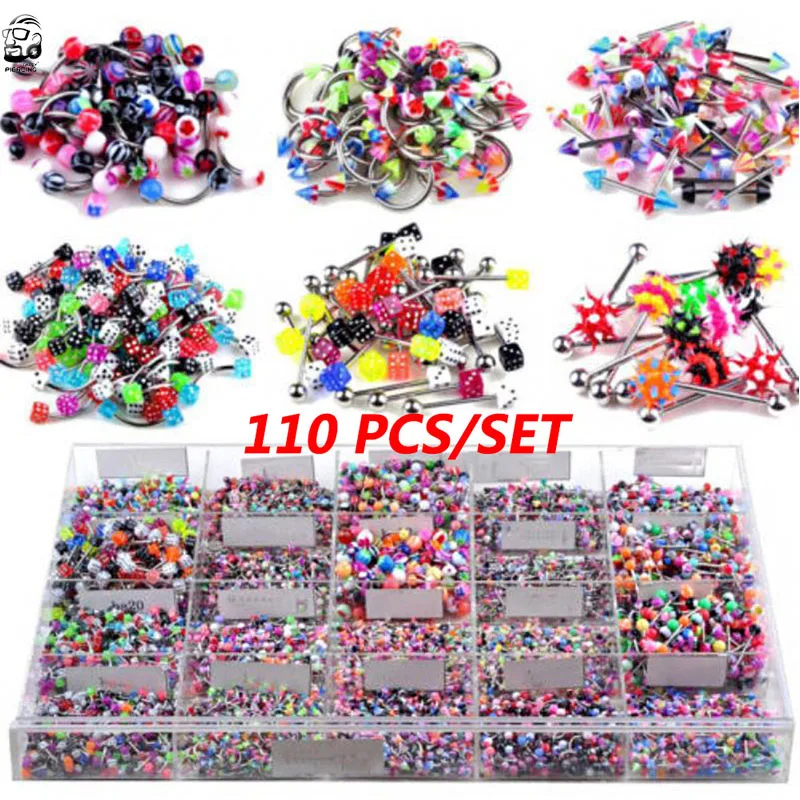 110pcs Mixed Styles Eyebrow Navel Belly Lip Tongue Nose Piercing Bar Ring Labret Barbell Studs Tunnel Piercings Body Jewelry-animated-img