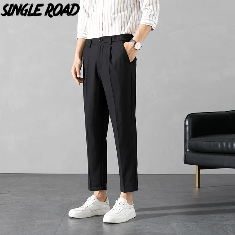 Single Road Mens Suit Pants Men 2022 Straight Light Weight Solid Chinos Office Pants Male Casual Ankle Length Trousers For Men