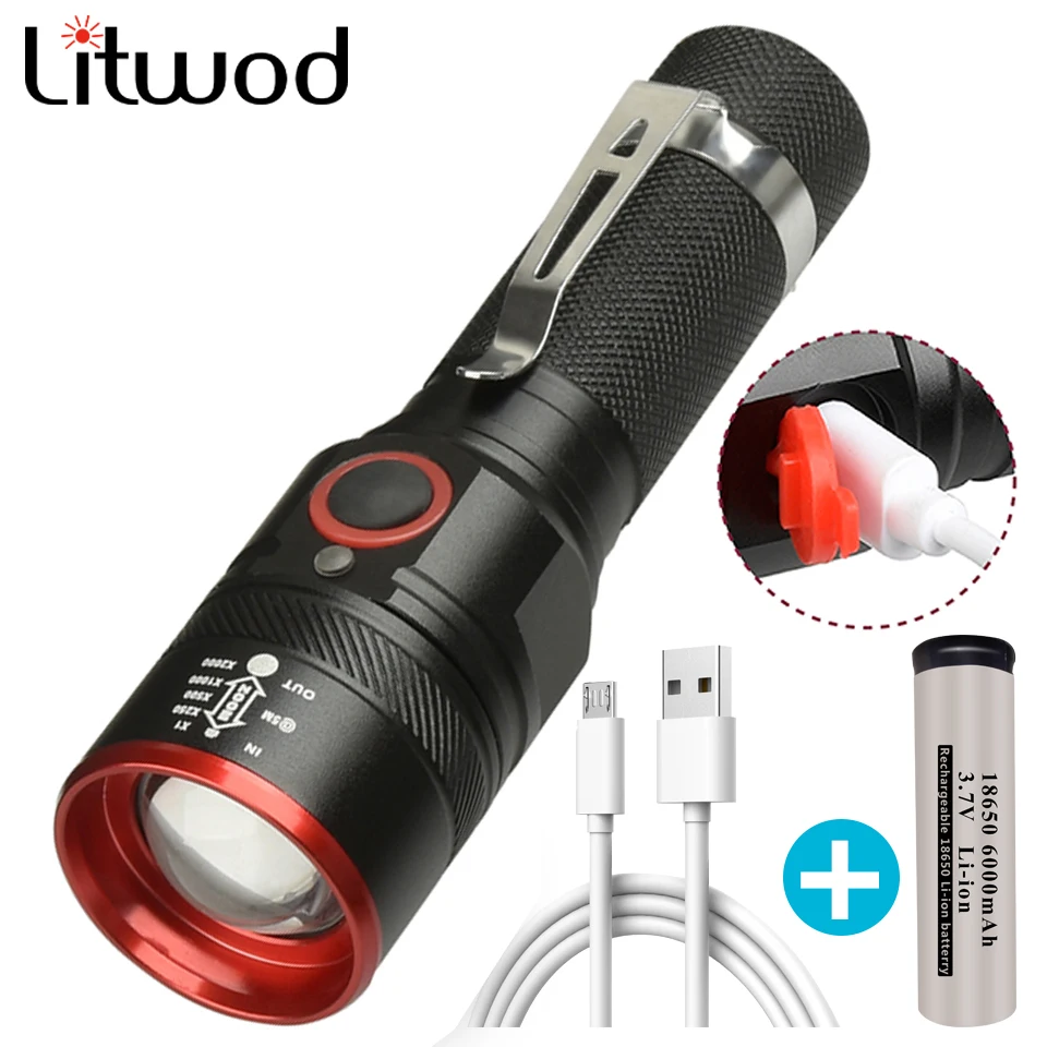 XM-L T6 Led Flashlight USB Rechargeable Torch  Zoomable Lantern Waterproof for High Quality Aluminum Camping Light 18650 Battery