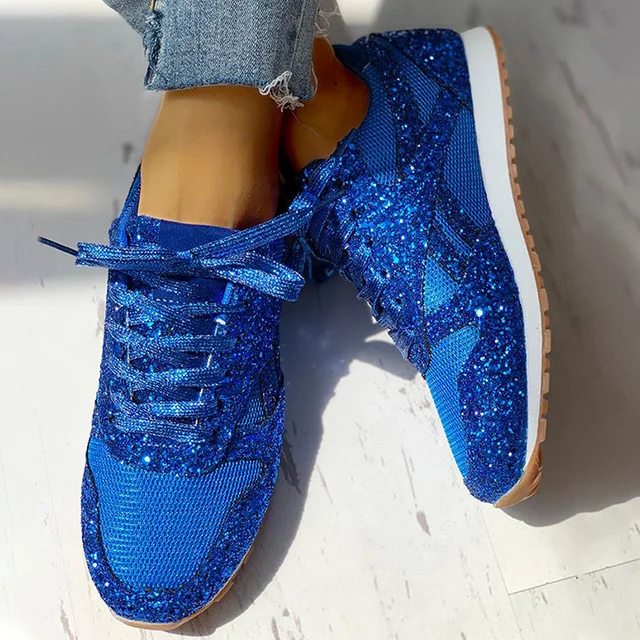 Women Sneakers Flat Ladies Vulcanized Shoes Lace Up Glitter Ladies  Vulcanized Shoes Running Sparkling Shoes Zapatillas Mujer