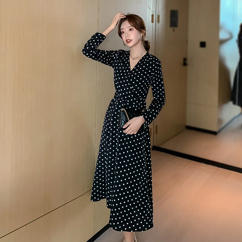 polka dot black maxi dress women long 