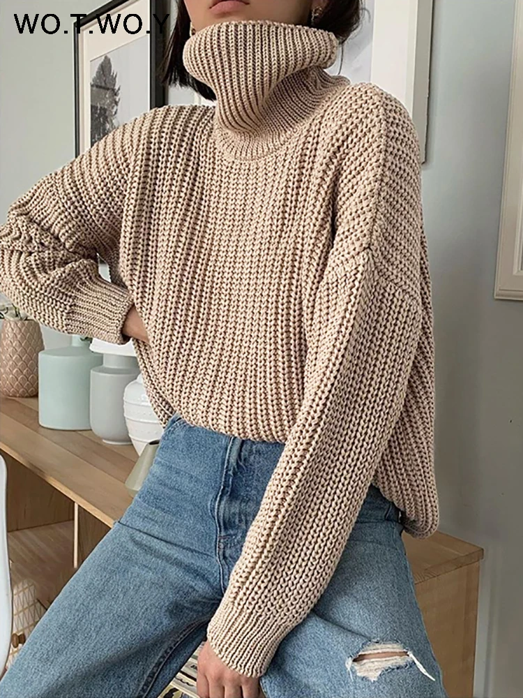 WOTWOY Autumn Winter Knitted Turtleneck 