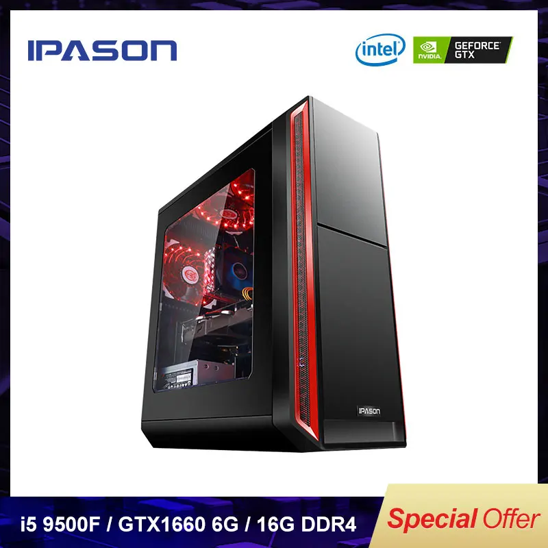 6 core Intel IPASON Gaming Computer 8th Gen i5 9500F DDR4 2666 8G/16G RAM/Dedicated Card GTX 1660 6G/120G+1T HDD Gaming Desktop