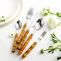 8/16/24pcs Creative Bamboo Cutlery Sets 304 Stainless Steel Steak Cutlery Tableware set Spoon and Fork，Kitchen Dining Bar