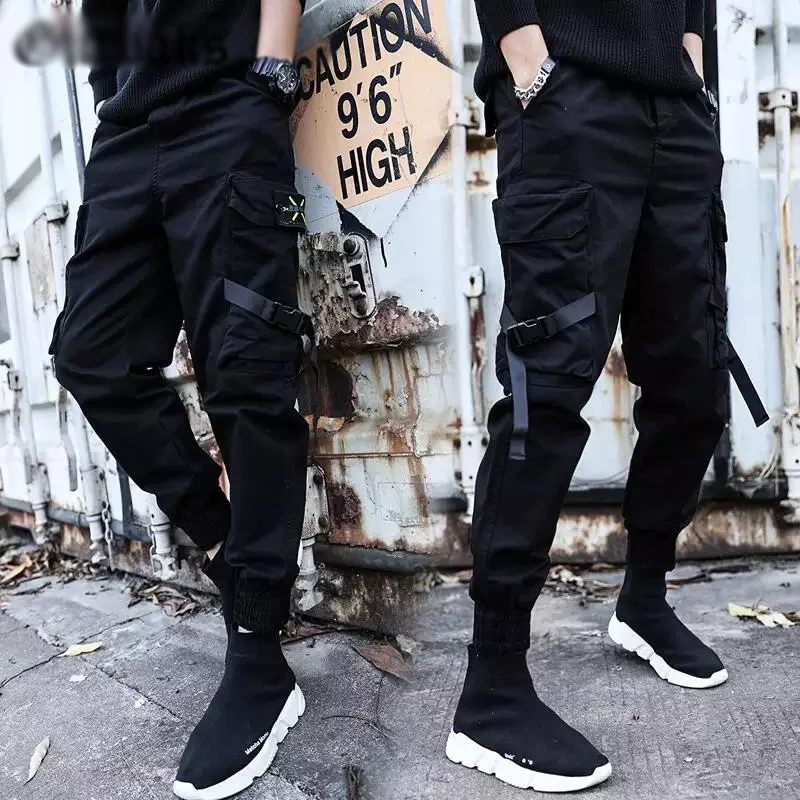 Men Cargo Pants Black Ribbons Block Multi-Pocket Harem Joggers