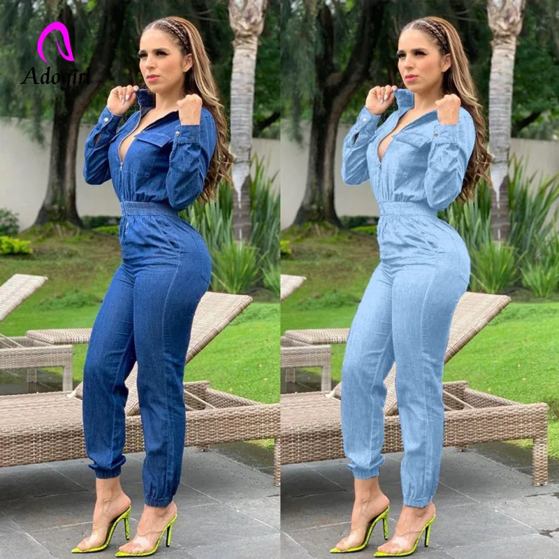 Agora Oloswmes Formes Jumpsuits Denim Rompers Womens Zipper Fly Jumpsuit Autumn Winter One Piece Outfits Jeans Overalls Night Club Party Long Sleeve Jumpsuits