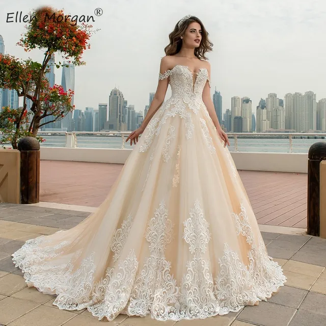 Champagne Lace Ball Gowns Wedding 