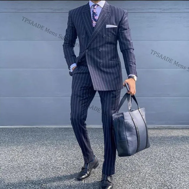 double breasted navy pinstripe suit