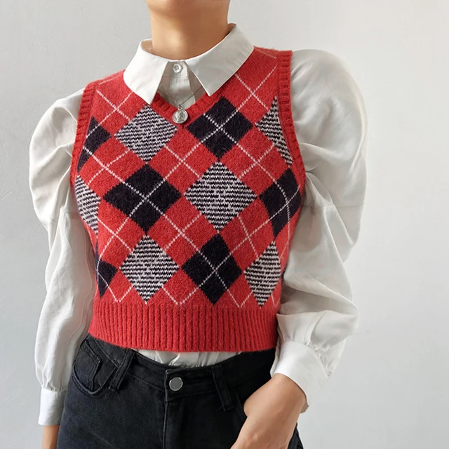 Knitted Plaid Sweater Vest Women Y2k 