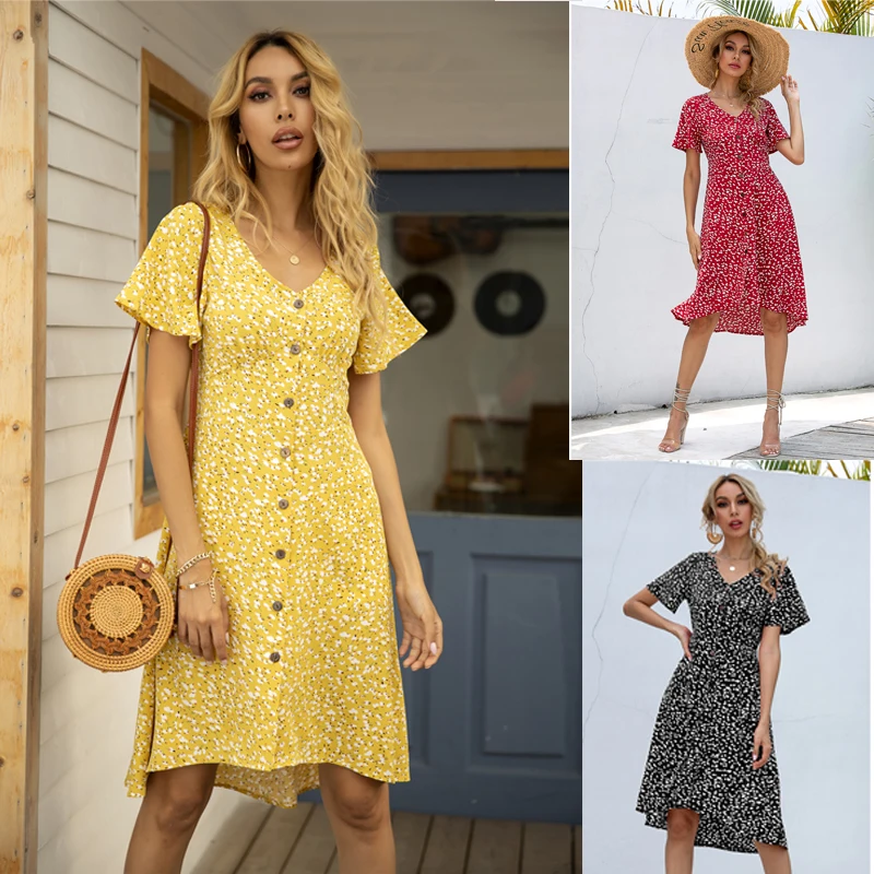Summer Short Sleeve A-line Midi Dress 