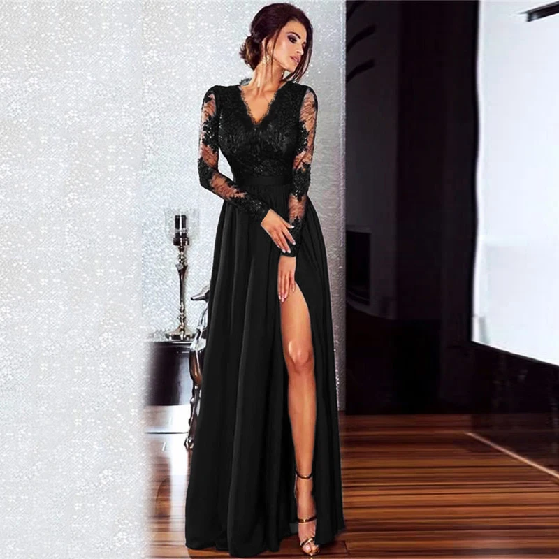 Balck Lace Dress Women Sexy Deep V Neck 