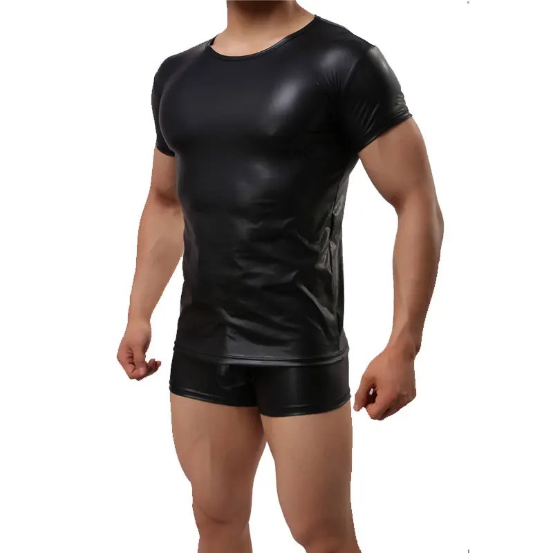 Black Faux Leather T-Shirts Cool Men 