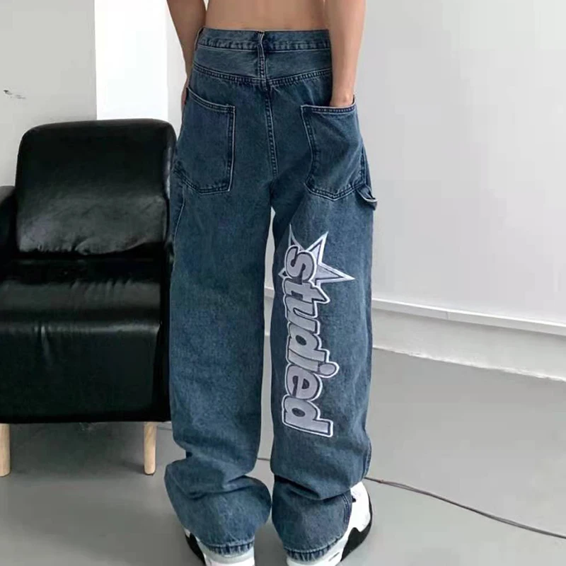 Retro Pockets Letter Embroidery Ripped Casual Jeans Men Straight Wide Leg Pant Women Harajuku Oversize Streetwear Denim Trousers