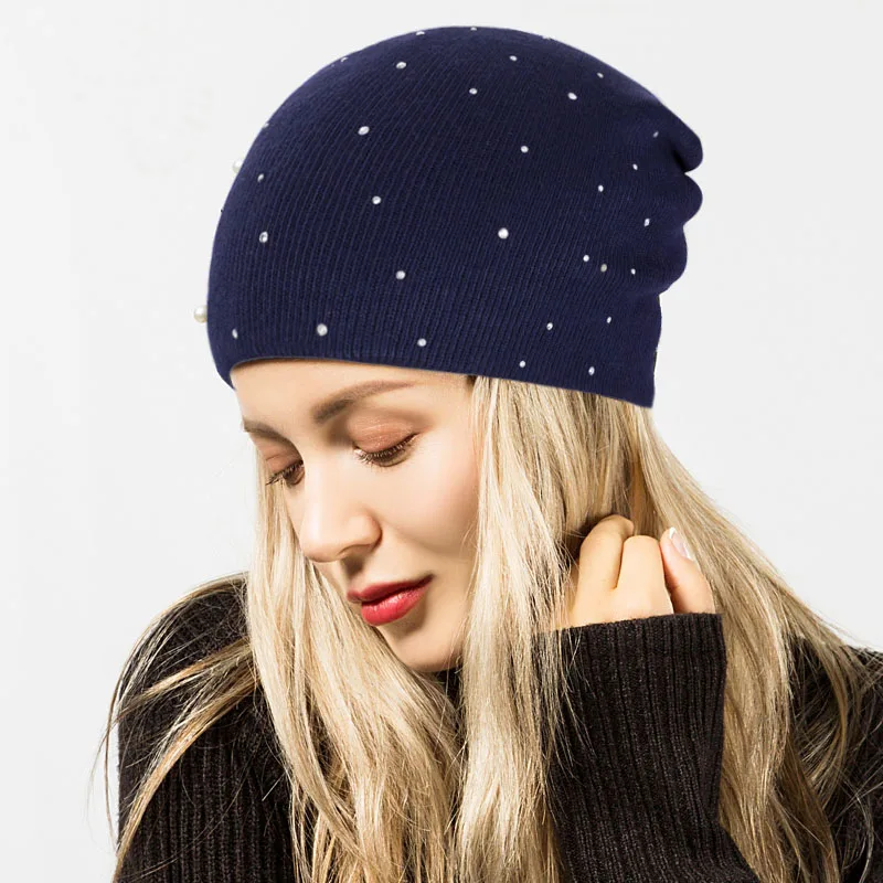 Pearl Autumn Winter Hat Women Skullies 