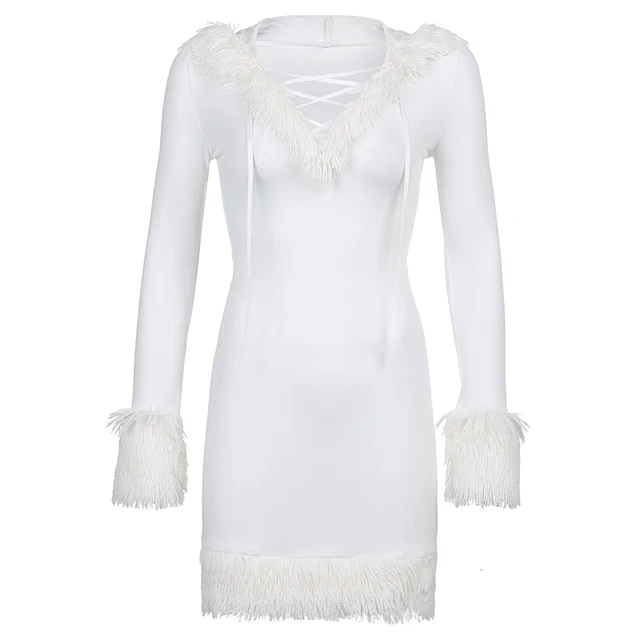 קנו שמלות | White Feather Fur Patchwork 