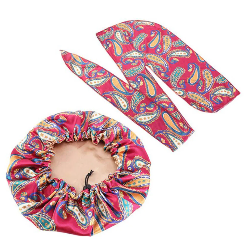 Designer Print Silky Durag and Bonnet for Men and Women Satin Turban Long Tail Du-rag Wave Sleep Cap