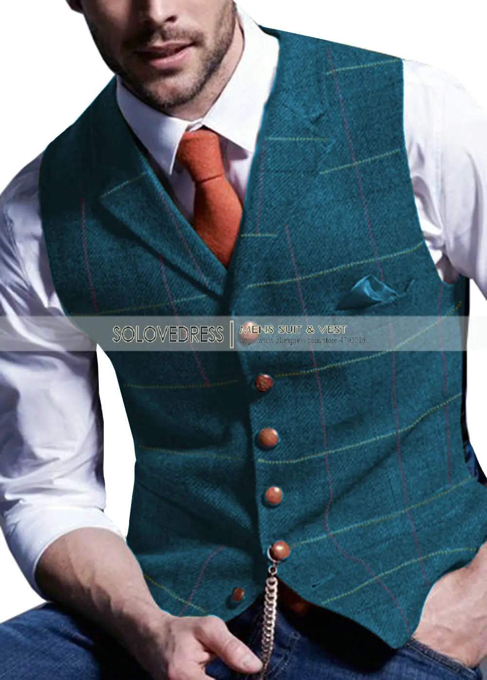 Mens Suit Vest Notched Plaid Wool 