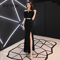 It's YiiYa Evening Dresses Boat Neck Sexy Split Sequined Wedding Formal Dress Little Tassel Zipper Mermaid Long Party Gowns E342 preview-1