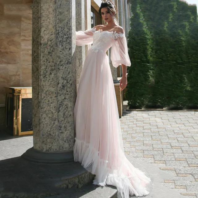Blush Pink Wedding Dress Puff Sleeve 