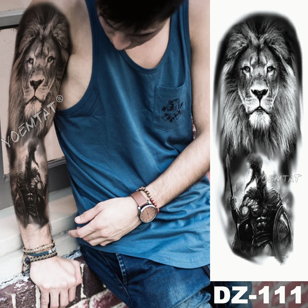 קנו קעקועים ואמנות גוף Large Arm Sleeve Tattoo Sketch Lion Tiger Waterproof Temporary Tattoo Sticker Crow Warrior Soldier Men Full Skull Totem Tattoo