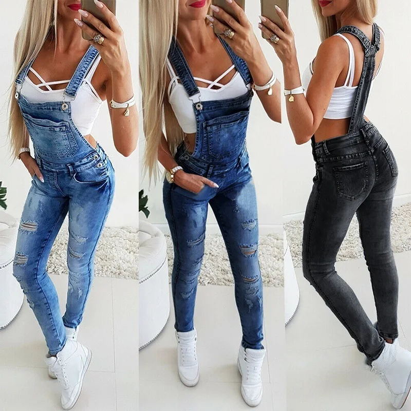 Women's Broken Hole Jeans Jumpsuit Long 