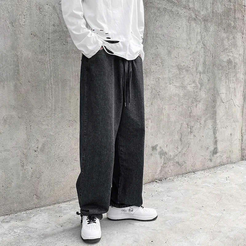 Acquistare Jeans uomo | Autumn Loose Straight-Leg Jeans Men Korean Style  Drawstring Baggy Joggers Solid Cropped Pants Plus Size Fashion Denim Pants