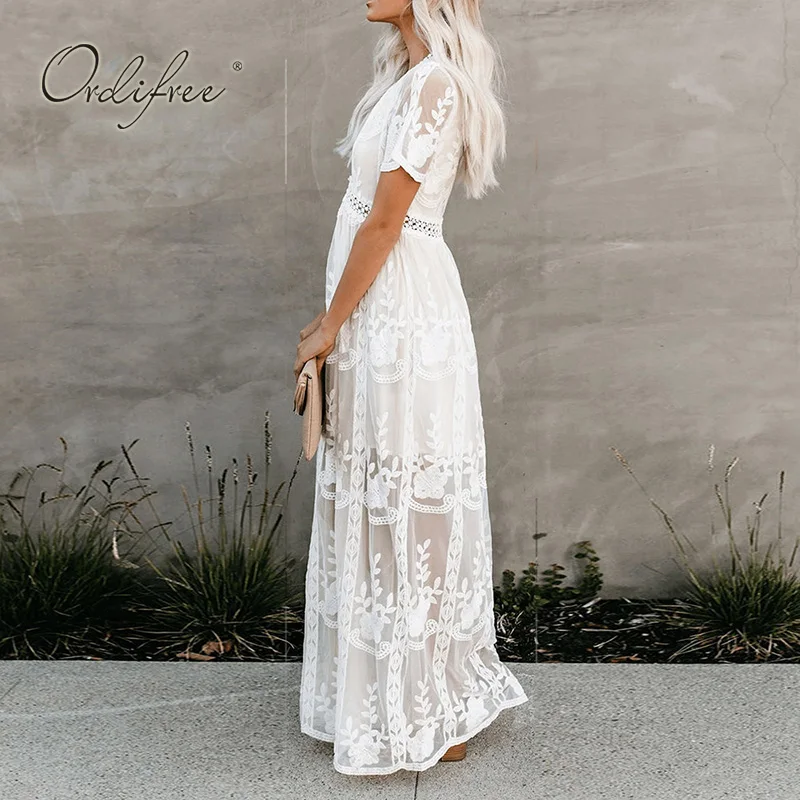 bohemian white lace maxi dress