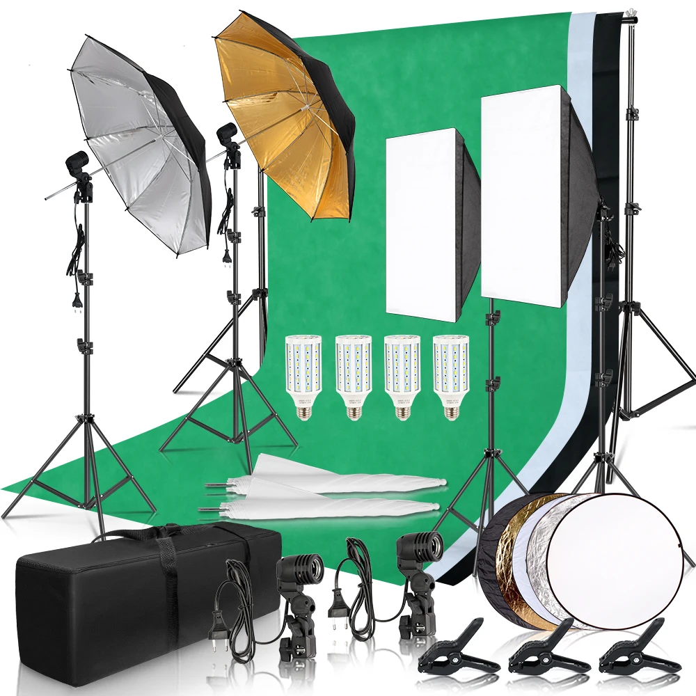 Photography Photo Studio Softbox Lighting Kit With 2.6x3M Background Frame 3pcs Backdrops Tripod Stand Reflector Board 4Umbrella