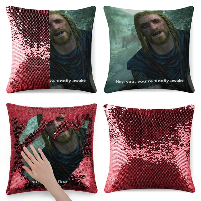 Cumpără Textile Pentru Acasă Hey You You Re Finally Awake Skyrim Meme Magic Pillowcase Sequins Shimmer Pillow Cover Hey Youre Finally Awake Skyrim Meme Awake