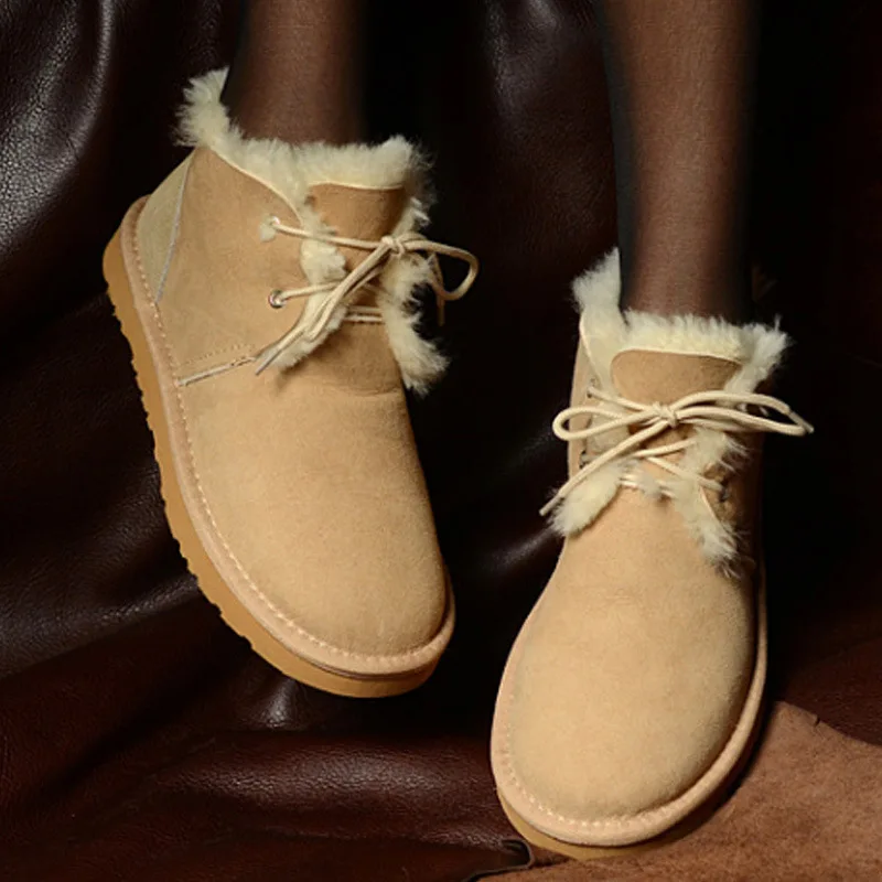 Natural Fur Ankle Snow Boots Warm Wool 