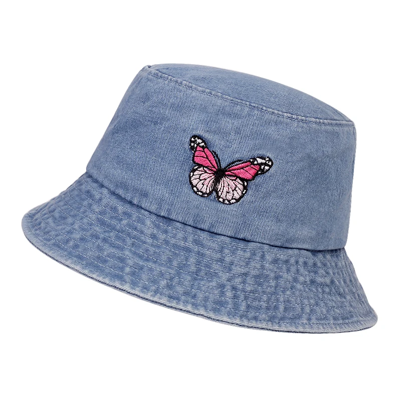 Butterfly Embroidery Denim Bucket Hat 