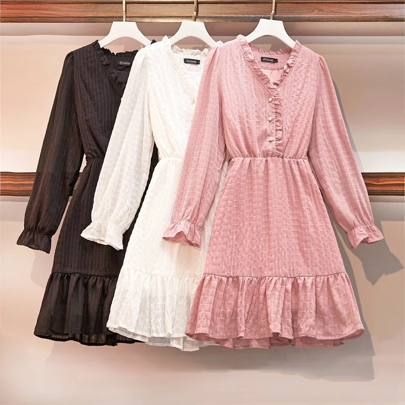 Plus Size Women's Long Sleeve Dresses V 