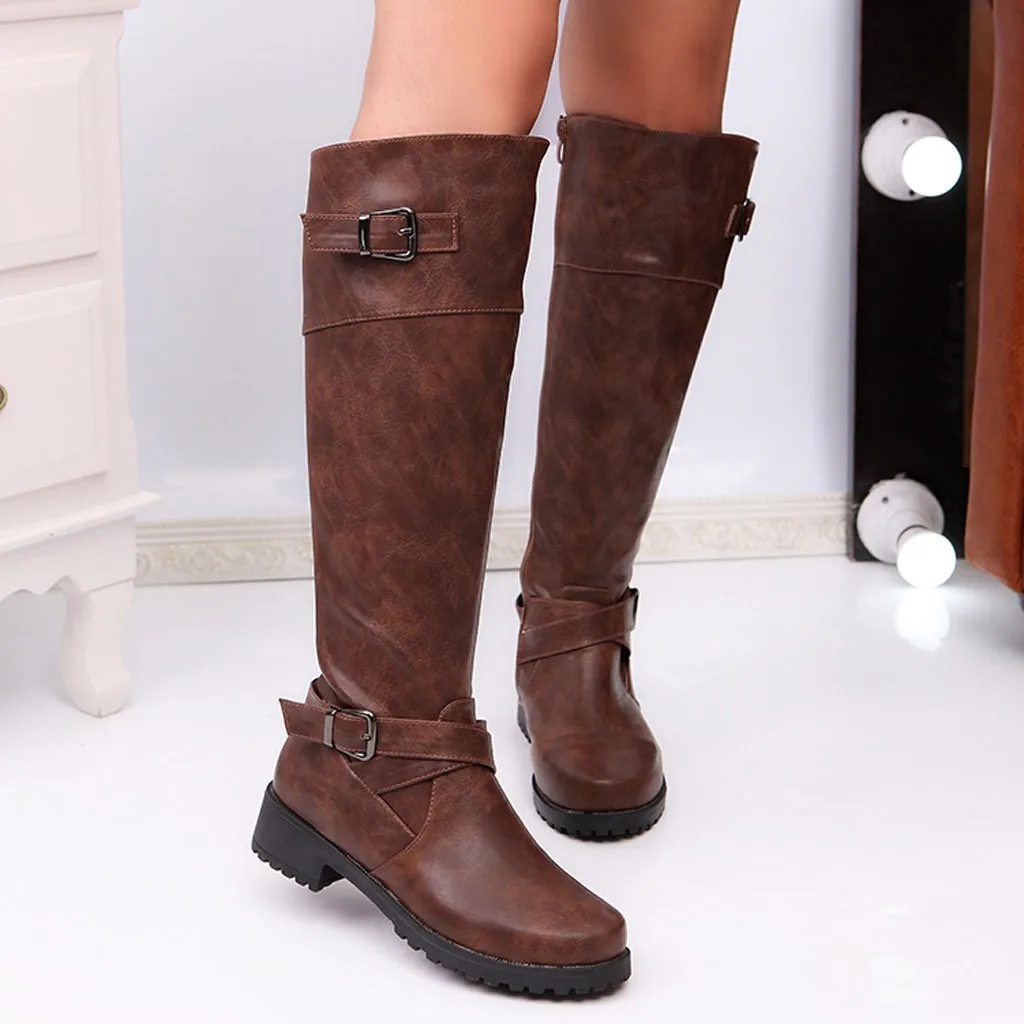 brown buckle knee high boots