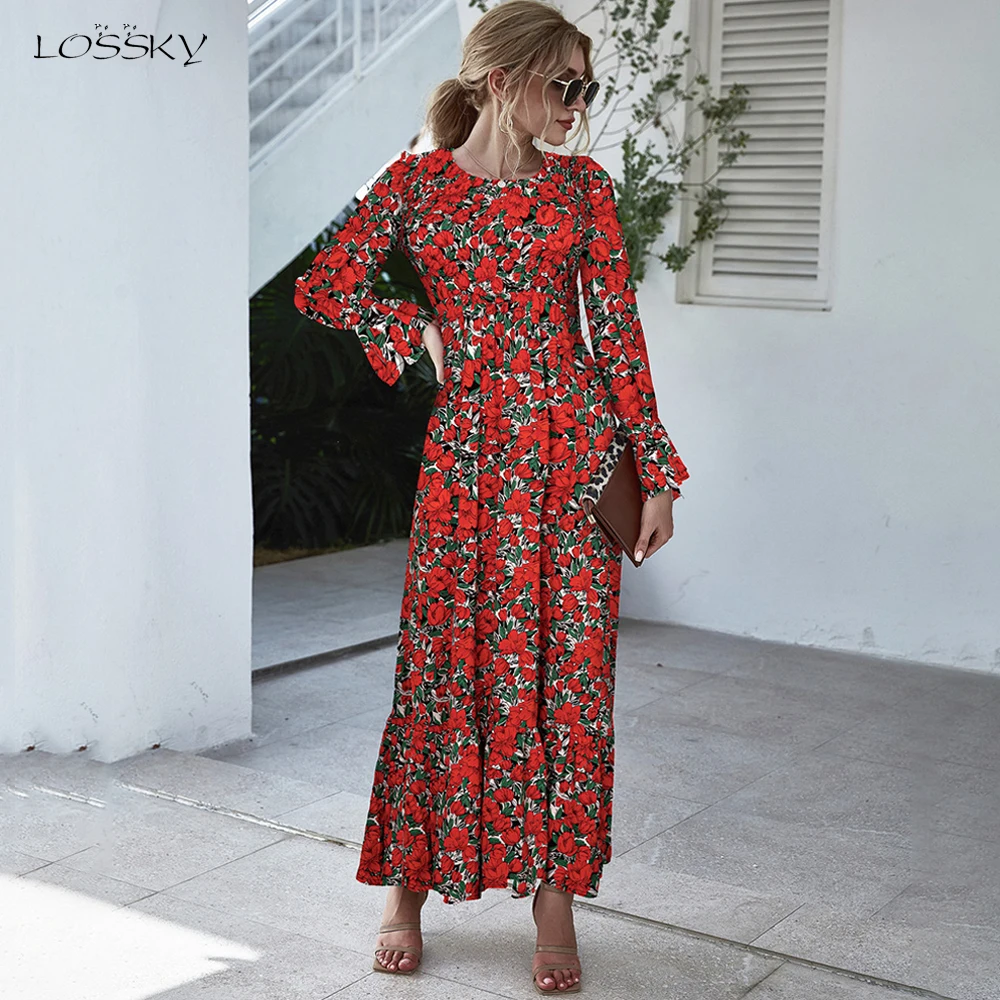 Long Dress Autumn Winter Dots Flroal 