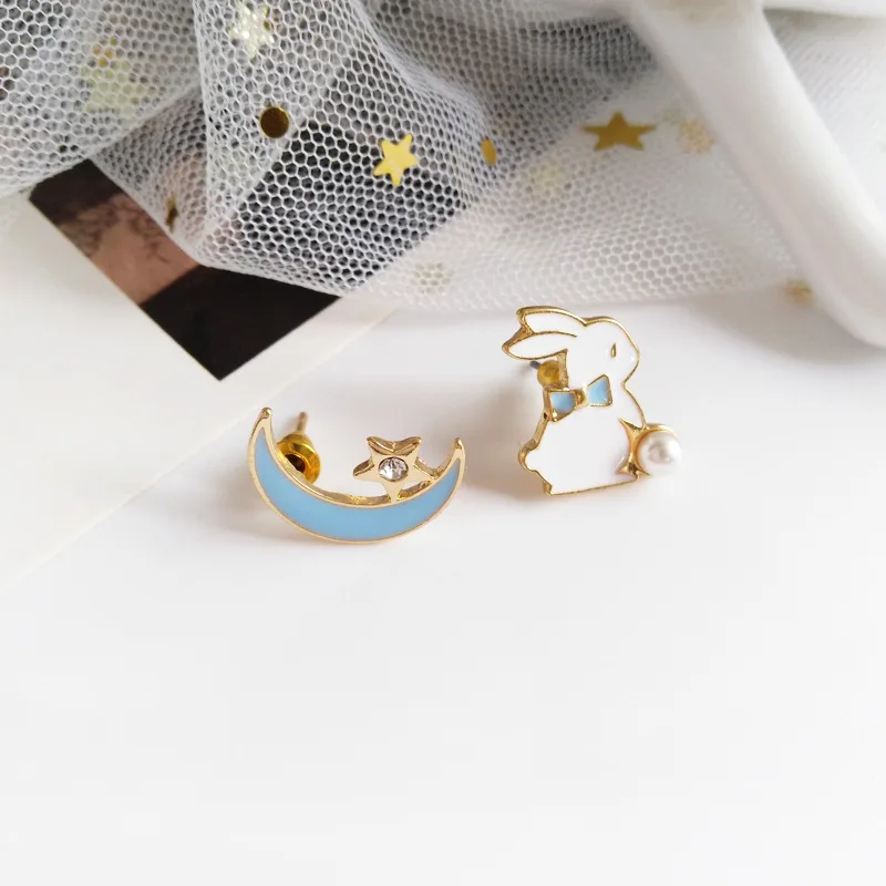 New Fashion Moon Rabbit Pearl Small Stud Earrings for Women Cute Animal Cat Moon Asymmetrical Earring Girl Party Jewelry Gifts-animated-img