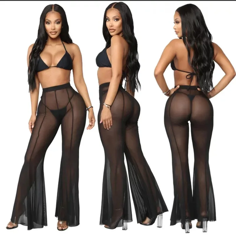 Hot Sexy Ruffle Women Beach Mesh Pants Sheer Leg Pants Transparent