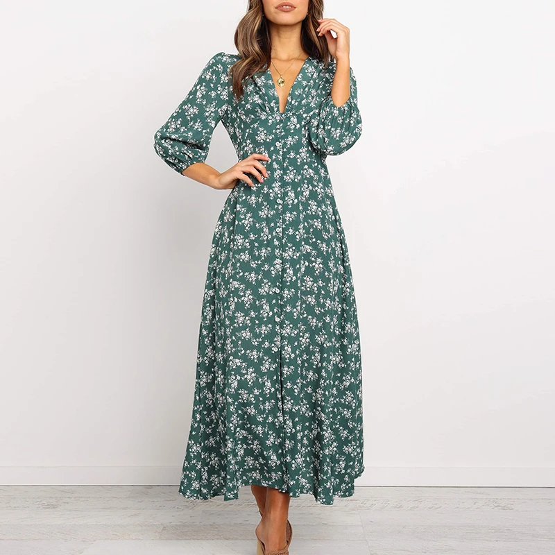 Vintage Autumn Chiffon Maxi Dress Women 