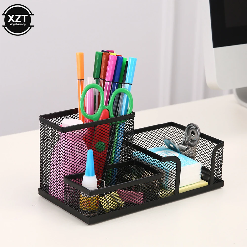 3-In-1 Desk Organizer Pencil Pen Holder Metal Hollow Mesh Wire Organizador De Escritorio Lapices Office Desk Accessories-animated-img