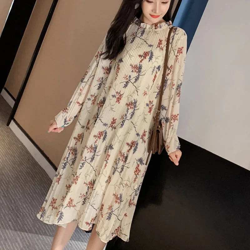 Pleated Mid-calf Chiffon Dress Women 