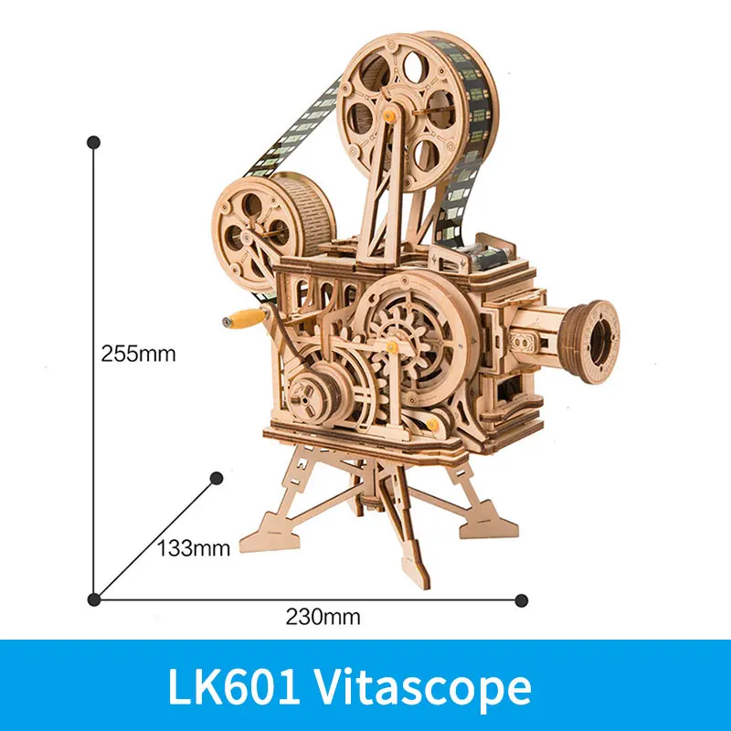 Robotime ROKR Hand Crank Projector Classic Film Vitascope 3D Wooden Puzzle Model Building Toys for Children Adult LK601-animated-img