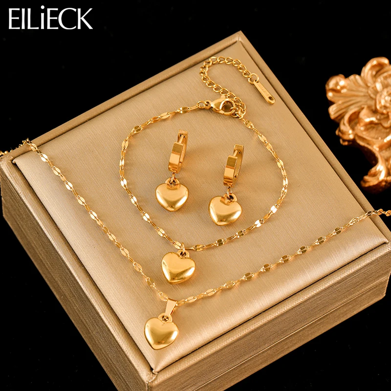 EILIECK 316L Stainless Steel Heart Love Necklace Bracelets Earrings Set For Women New Trendy 18K Gold Plated Waterproof Jewelry-animated-img