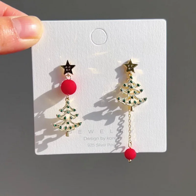 Merry Christmas Xmas Tree Red Ball Asymmetric Stud Earrings for Women Girl New Year Snowflake Bell Deer Zircon Festival Earring-animated-img