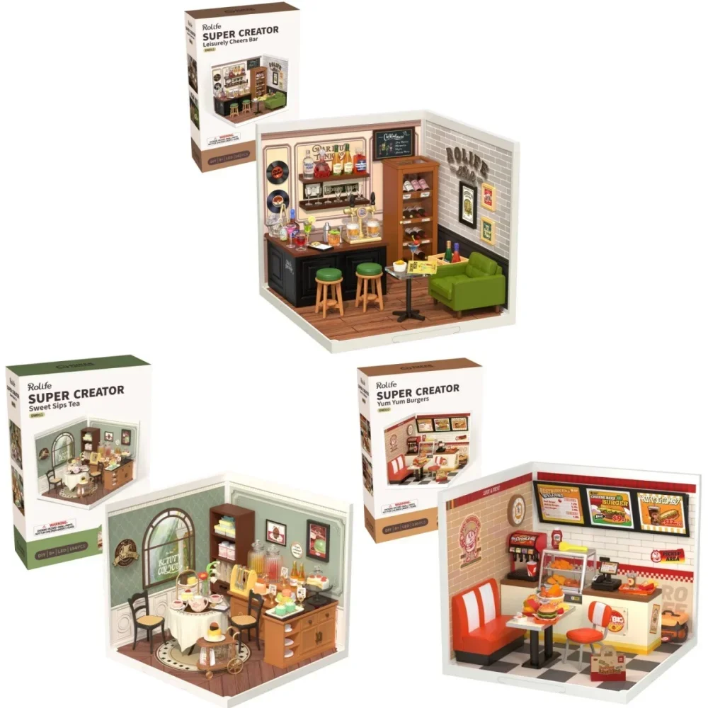 Robotime DIY Miniature House Kit Dollhouse Model Kit with LED Burger Shop And Leisurely Cheers Bar And Sweet Sips Tea-animated-img