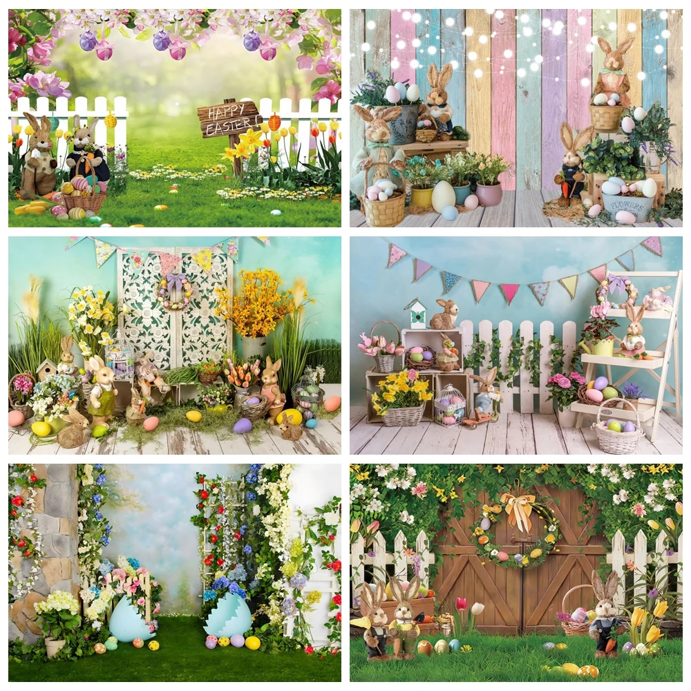 Spring Easter Backgrounds For Photographs Bunny Eggs Flower Wood Board Kids Birthday Decorations Baby Shower Photobooth Backdrop-animated-img