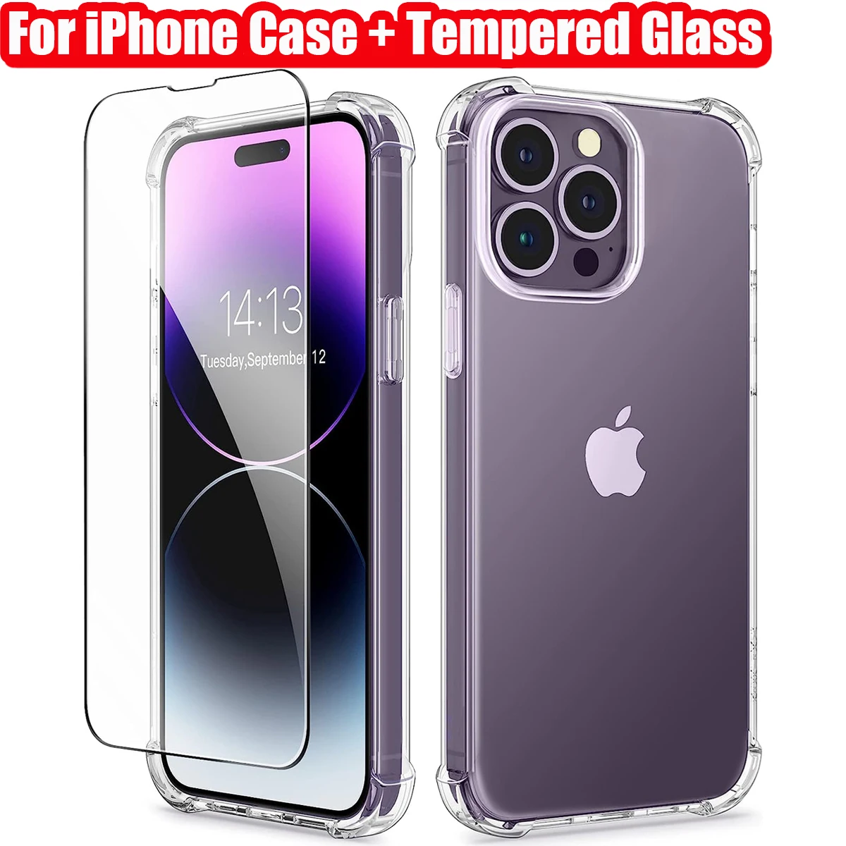 Clear Phone Case For iPhone 14 13 11 12 Pro Max 7 8 Plus XR XS Max Anti-Burst Screen Protector (Transparent Case+Tempered Glass)-animated-img