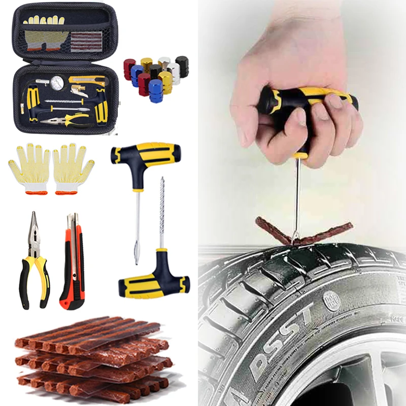 Car Tire Repair Kit Studding Tool with Rubber Strips Tool Puncture Plug Tool Set Glue Free Auto Motorcycle Repair Tire Film Nail-animated-img