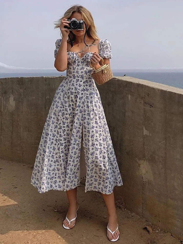 Summer Women Puff Sleeve Floral Printed Dress,Long Dresses,Woman Clothing,Dress Women,Women's Elegant Dresses,Sexy Costume Women-animated-img