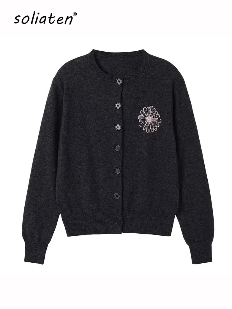 Ladies Button Single Breasted Cardigan Women's Fall Winter Solid Color Sweater Coat Flower Embroidery Knitted Tops  C-315-animated-img